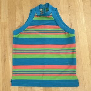 VINTAGE 60s SLEEVELESS TOP SHERBERT STRIPES SIDE SLITS BACK ZIP POLY SZ MED